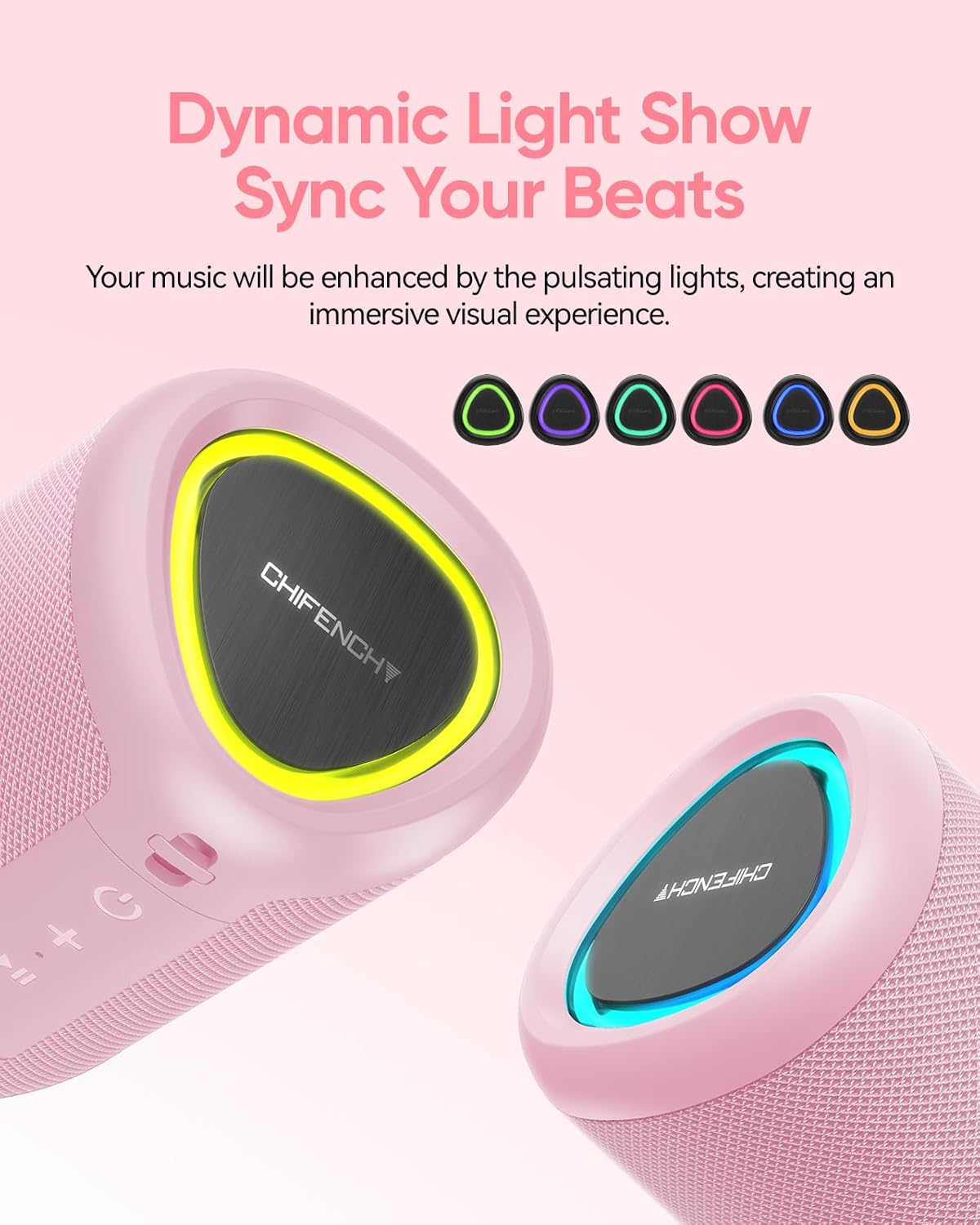 Portable Bluetooth Speaker with Lights, Stocking Stuffers, Powerful Crystal Clear Sound, IPX5 Waterproof, All Day Playtime, BT 5.3, TWS Paring, Small Wireless Speaker for Outdoor, White Elephant Gifts