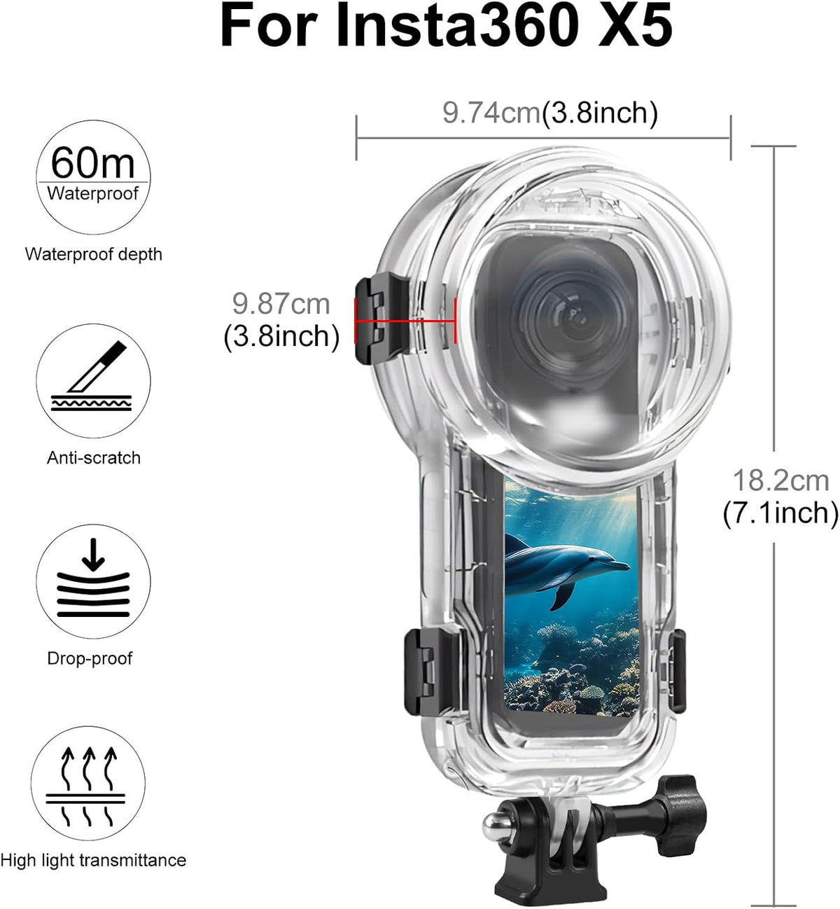 60M/196FT Invisible Diving Case for Insta360 X5 Underwater Waterproof Case Housing Shell for Insta 360 x5 Action Camera Protective Cover Accessories for Diving Surfing Swimming Skiing