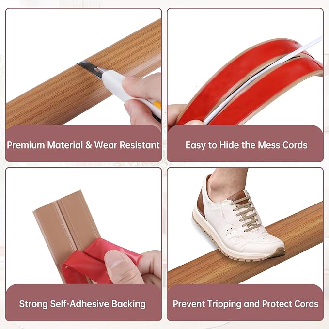 Floor Cord Cover Self Adhesive Cord Hider Floor Extension Cord Covers for Floor Power Cord Protector Cable Management Prevent Cable Trips Cable Cavity 0.47" W x 0.27" H (Light Brown Wood, 10Ft)