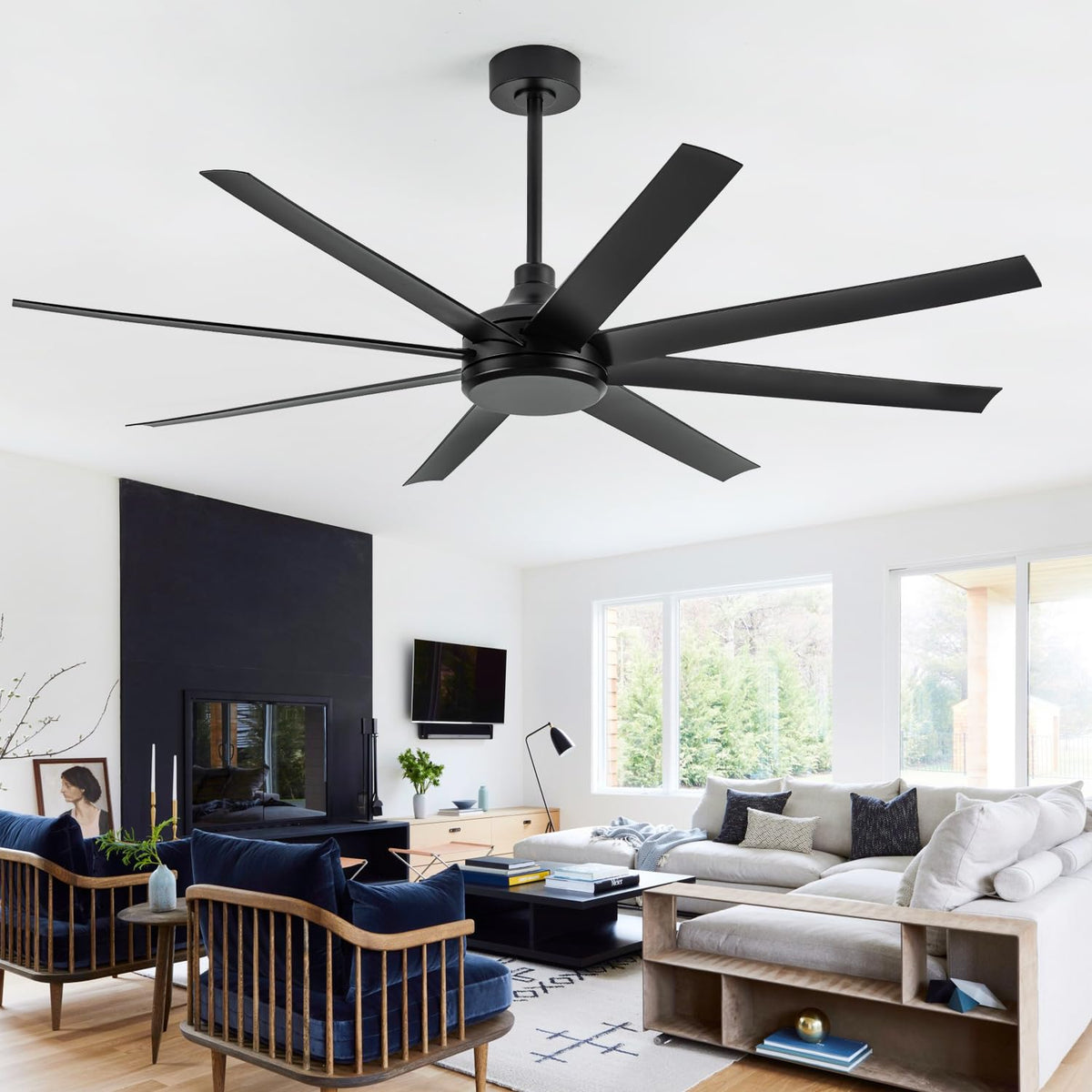65 Inch Large Ceiling Fan Without Light, Black Ceiling Fan Without Light for Living Room, Patio, 6-Speed Reversible Quiet DC Ind