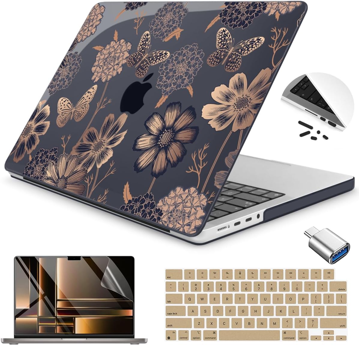 Teryeefi Case for for MacBook Pro 14 Inch M4 M3 M2 M1 (2021 2023 2024 Released) with Keyboard Cover & Screen Protector & OTG Adapter, Flower & Butterfly