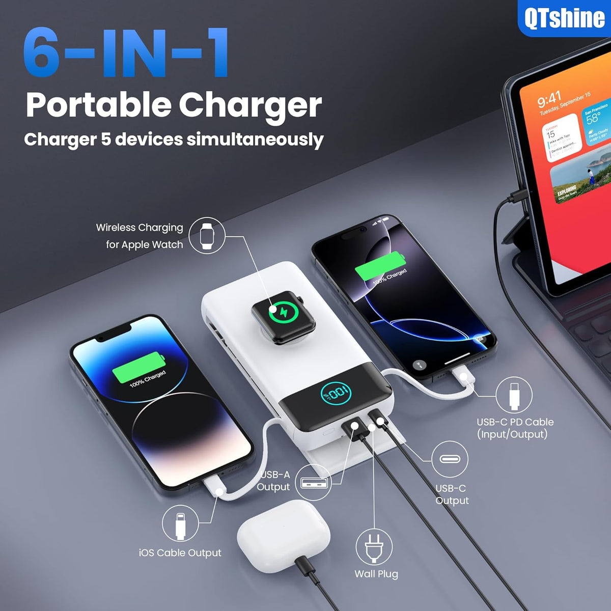 Portable Charger 40800mAh Power Bank with Built-in Cables,Wall Plug and iWatch Charger,6-in-1 QC4.0+25W PD USB C Fast Phone Charging,LCD Display Battery Pack for iPhone 16/15,Apple Watch,Galaxy-White