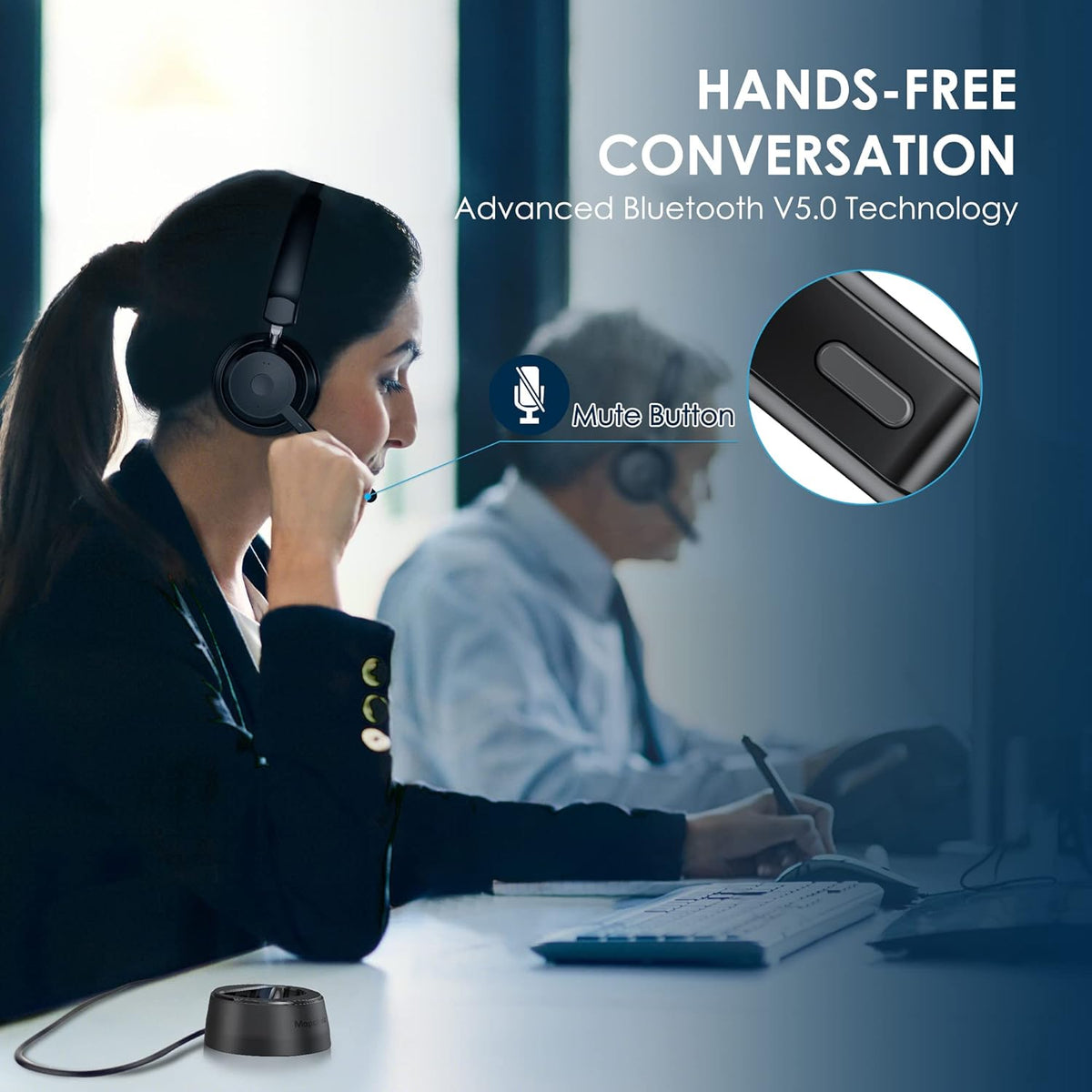 Bluetooth Headset, Wireless Headphone with Microphone for Computer, On Ear Bluetooth Headset with USB Dongle for Office Call Center Skype Zoom Meeting Online Class (Gray)