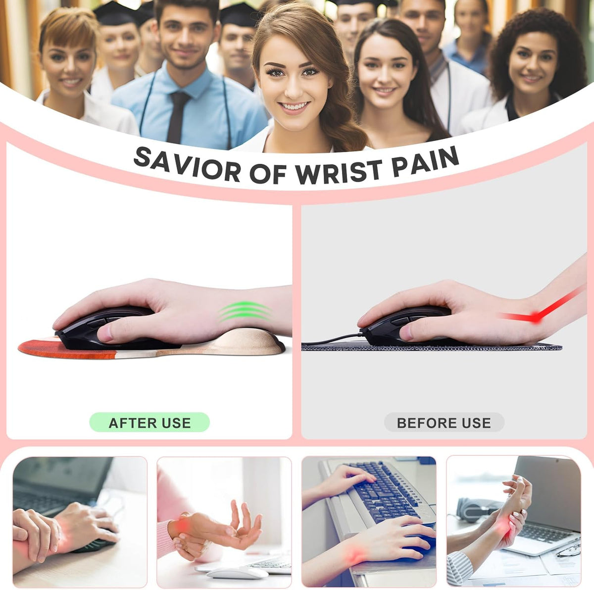 JIKIOU Mouse Pad, 2 Pack Ergonomic Mouse Pads with Comfortable Gel Wrist Rest Support and Smooth Cloth, Non-Slip PU Base for Easy Typing Pain Relief Durable and Easy to Clean Small Boho