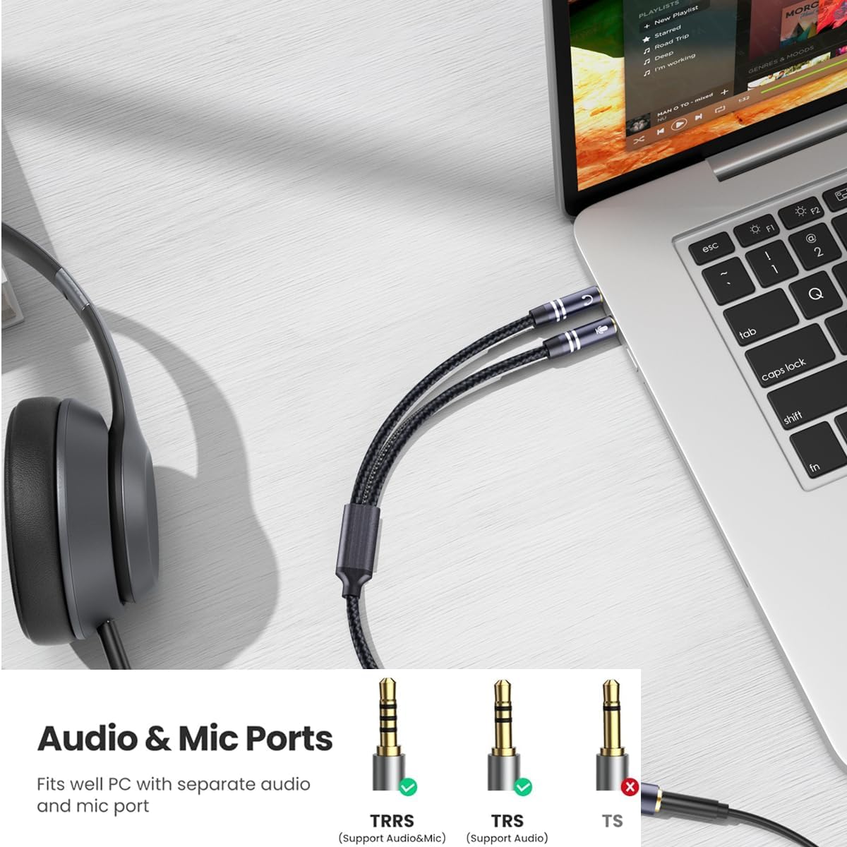 Braided Headphone Splitter for Computer, 3.5mm Female to 2 Dual 3.5mm Male Earphones Port, Mic Y Audio Splitter Cable Compatible with Headset Microphone Gaming Computer Speaker Laptop(35cm / 14in)