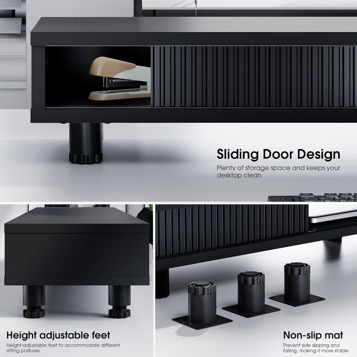 Fenge Dual Monitor Stand, 42.5inch Long Monitor Stands Riser for 2 Monitors, Sliding Door with Storage Organizer Stand for Desk, 2 Tier Desk Shelf for Laptop, Pc, Printer, Computer, TV