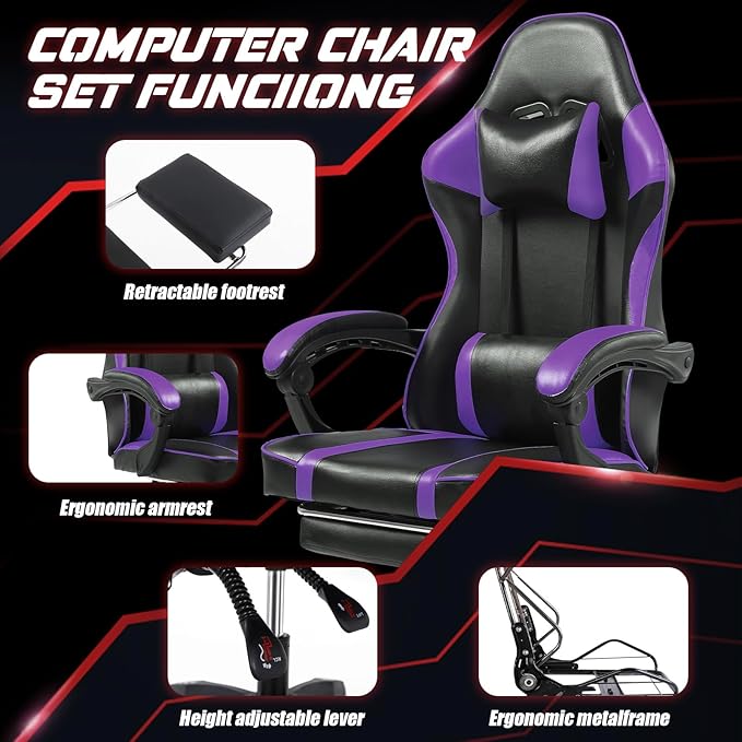 Gaming Chair Computer Chair with Footrest and Lumbar Support Ergonomic Video Game Chair with Headrest and 360°-Swivel Seat Height Adjustable Gamer Chair Office Desk Chair (Purple)