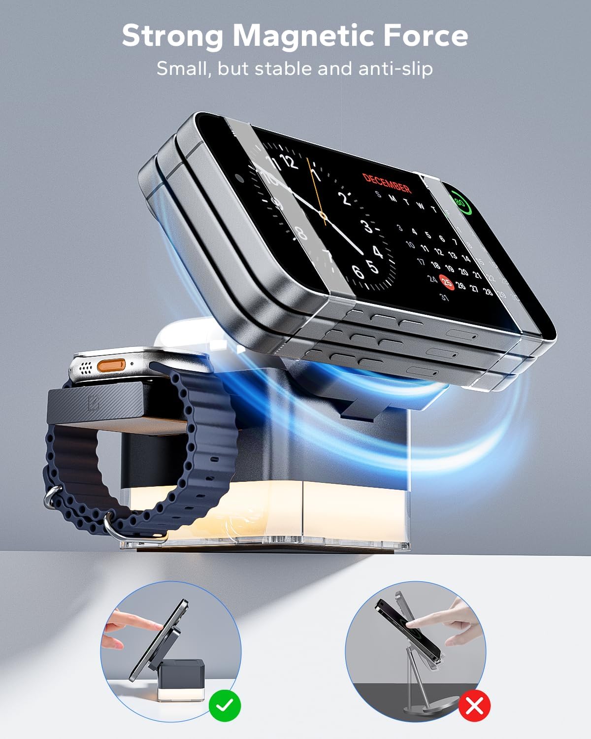 KPON for iPhone Nightstand Charging Station,15W 3 in 1 Wireless Phone Charger Stand with Night Lamp, Travel Foldable Magnetic Cube Magsafe Dock for iPhone 16 15 14 13 12 Series/Apple Watch/Airpods
