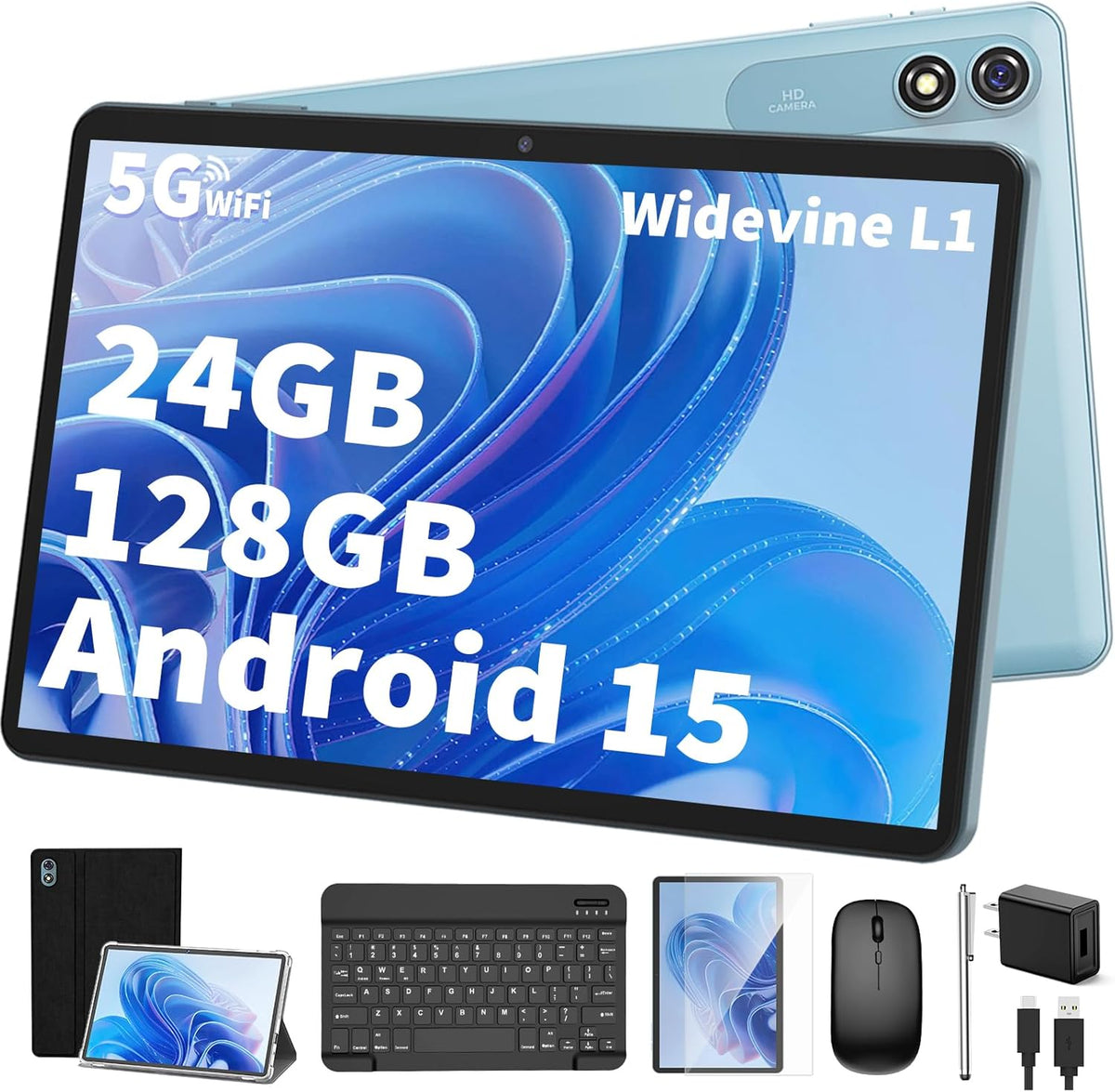 Android Tablet with Keyboard,10 inch Android 15 tablet, 24GB RAM 128GB ROM, 1TB Expand, Octa-Core, Widevine L1, 2.4G/5G WiFi, 8000mAh, Bluetooth, GMS, 2 in 1 Tablet with Case, Mouse, Stylus (Black)