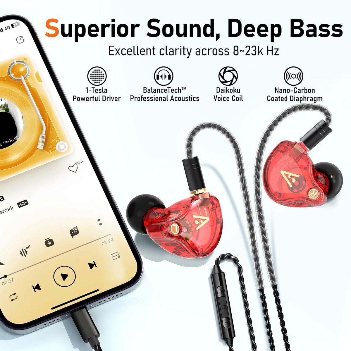 Vibes 202ML Wired Earbuds - HiFi in Ear Headphones - Noise-Isolating Ear Buds w/ Mic - Clear Sound, Deep Bass, Comfort-Fit Earphones - MMCX–Lightning for iPhone 5–14, Silver Plated Cord, Carrying Case