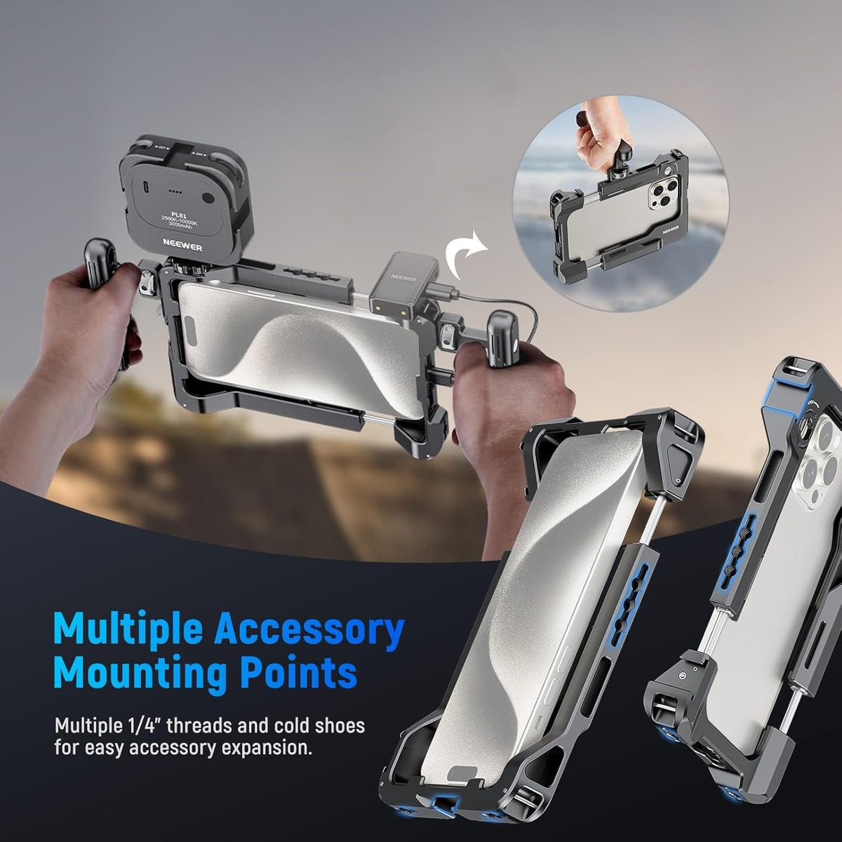 NEEWER Universal Smartphone Video Rig with Handles 67mm Filter Adapter Anti Drop Cold Shoe Compatible with DJI Mic iPhone Samsung Galaxy Android, Phone Cage Stabilizer for Video Recording, PA017