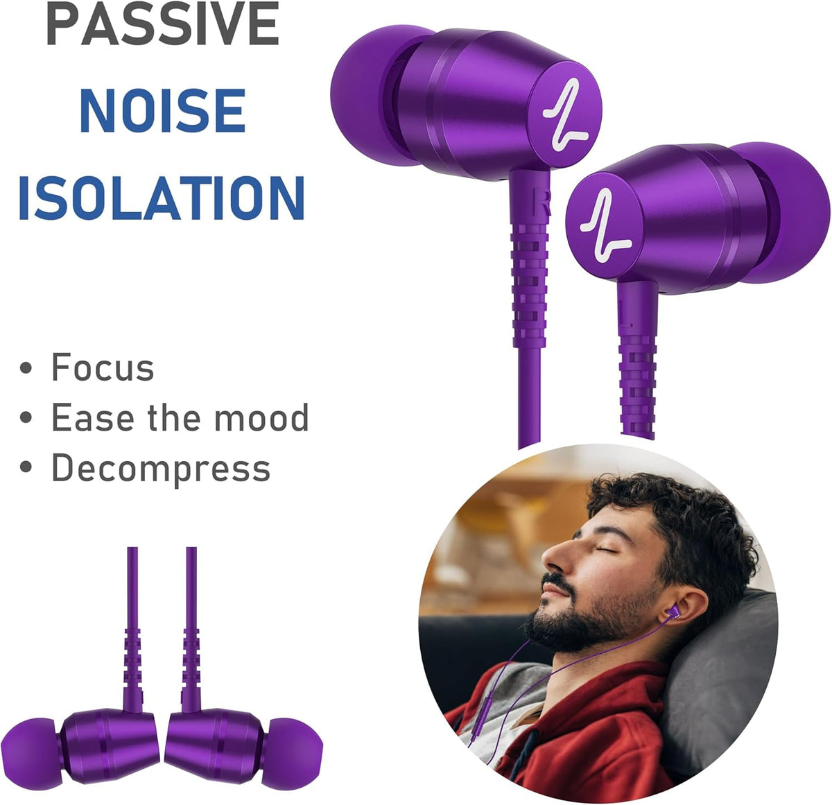 LUDOS OMNITONE Wired Earbuds in-Ear Headphones, 5 Years Warranty, Earphones with Microphone, 3.5 mm Jack Corded Ear Buds, Videoconference for iPhone, Samsung, Laptop, Kids, School Students - Purple