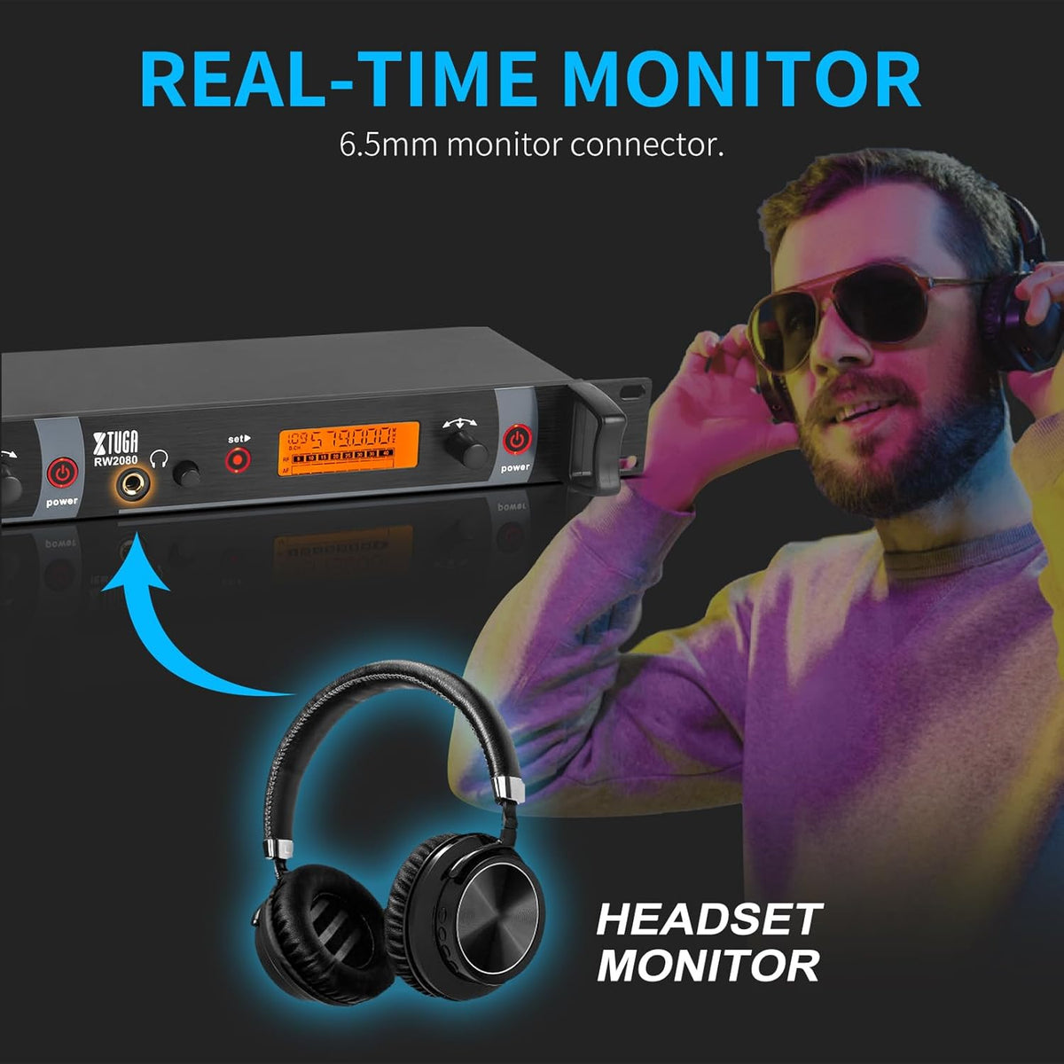 XTUGA RW2080 Wireless in Ear Monitor System 6 Bodypacks UHF IEM System, Dual Channel Mono Design Stage Monitors Earphone with 40 Frequencies, 300Ft for Band, Studio or Musicians, 902-928mhz