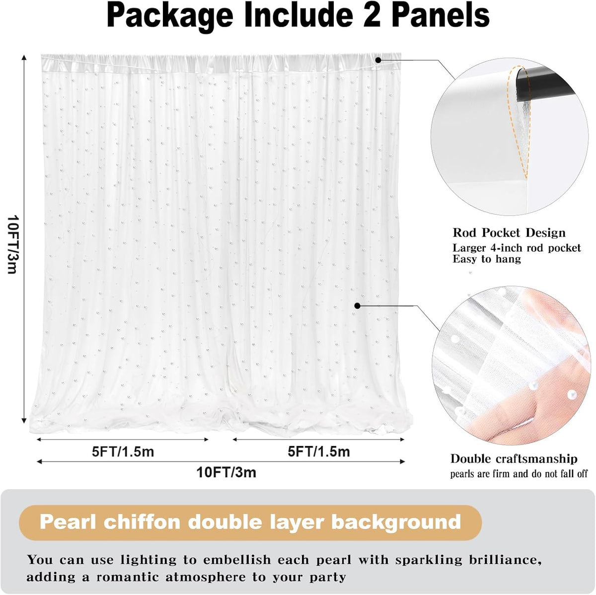GUANSEN 10 8FT * White Pearl Tulle Double Layered Backdrop Curtain with Lights String and Lining Fabric for Wedding