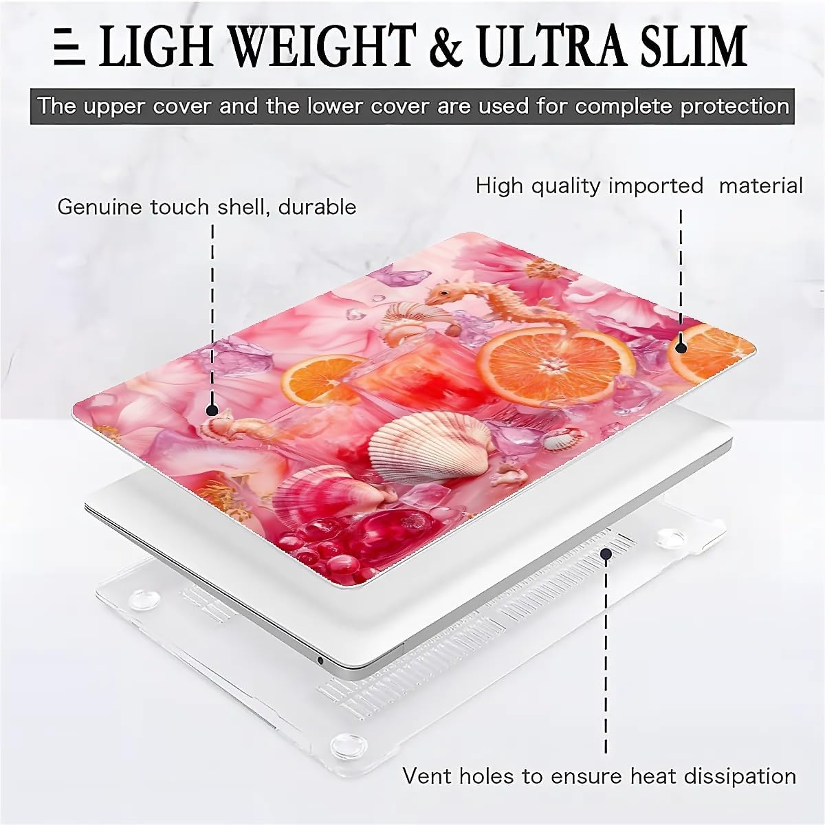 Compatible with MacBook Air 13.3 13.6 Inch Case 2022 2021 2020 2019 Plastic Hard Shell Case Cover,13.3 Pro(A1706/A1708/A1989/A2159/A2289/A2338), Pink Floral with Sea Shells