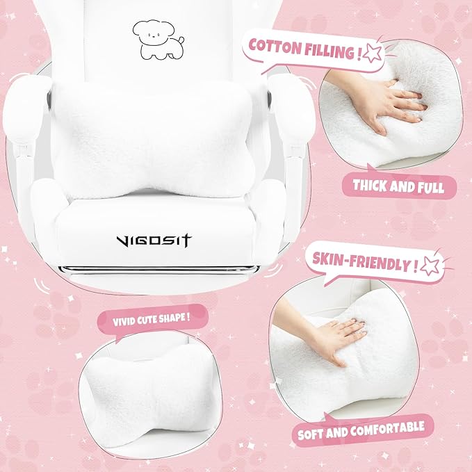 Cute Cat Ears Gaming Chair Girly Ergonomic Computer Chair with High Back 360° Swivel Office Computer Chair with Footrest and Paw Lumbar Cushion for Teens Girls Women (White)