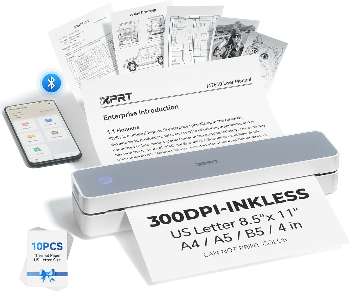 iDPRT Portable Printer Wireless for Travel, 300DPI Bluetooth Thermal Printer Support for 8.5"x11" US Letter, Inkless Compatible with iOS, Android, Laptop for Office, Car and Home, School