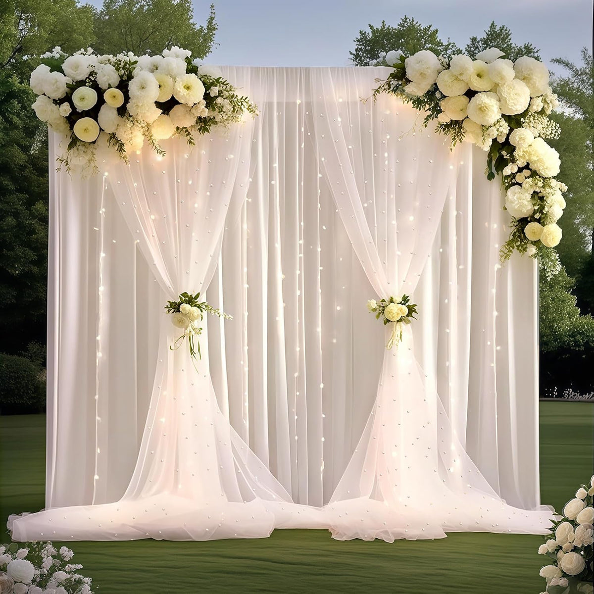 GUANSEN 10 8FT * White Pearl Tulle Double Layered Backdrop Curtain with Lights String and Lining Fabric for Wedding