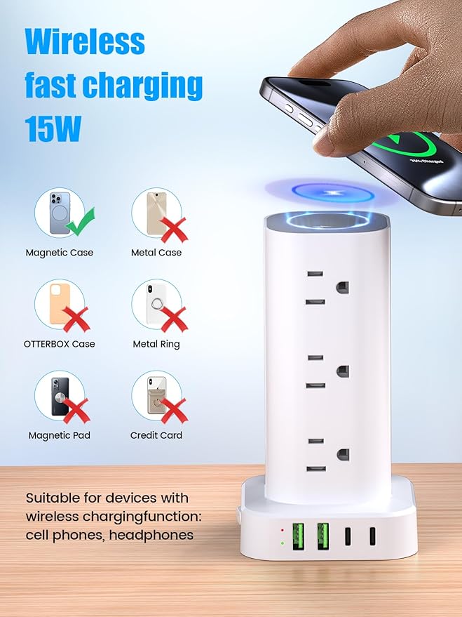 Tower Power Strip with 15W Wireless Charger, 6FT Flat Plug Extension Cord with Multiple Outlets, 12 AC Outlets, 4 USB Ports (2 USB C) Charging Station Surge Protector for Office Home Dorm Room (White)