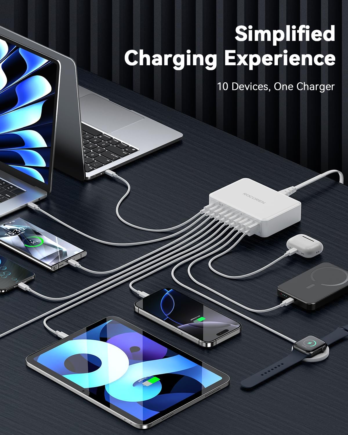 480W USB C Charger Block, Rocoren 10-Ports USB C Charging Station for Multiple Devices,PD 100W Type c Gan Fast Charger Station Multi USBC Charging Hub for Laptop MacBook HP iPad iPhone Samsung