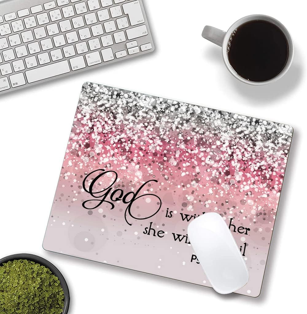 Hokafenle Mouse Pad, Psalm 46:5 God is Within Her, She Will not Fall - Bible Verse Pink Glitter Pattern Mouse Pad for Women, Square Waterproof Non-Slip Rubber Base Mousepad for Office Laptop