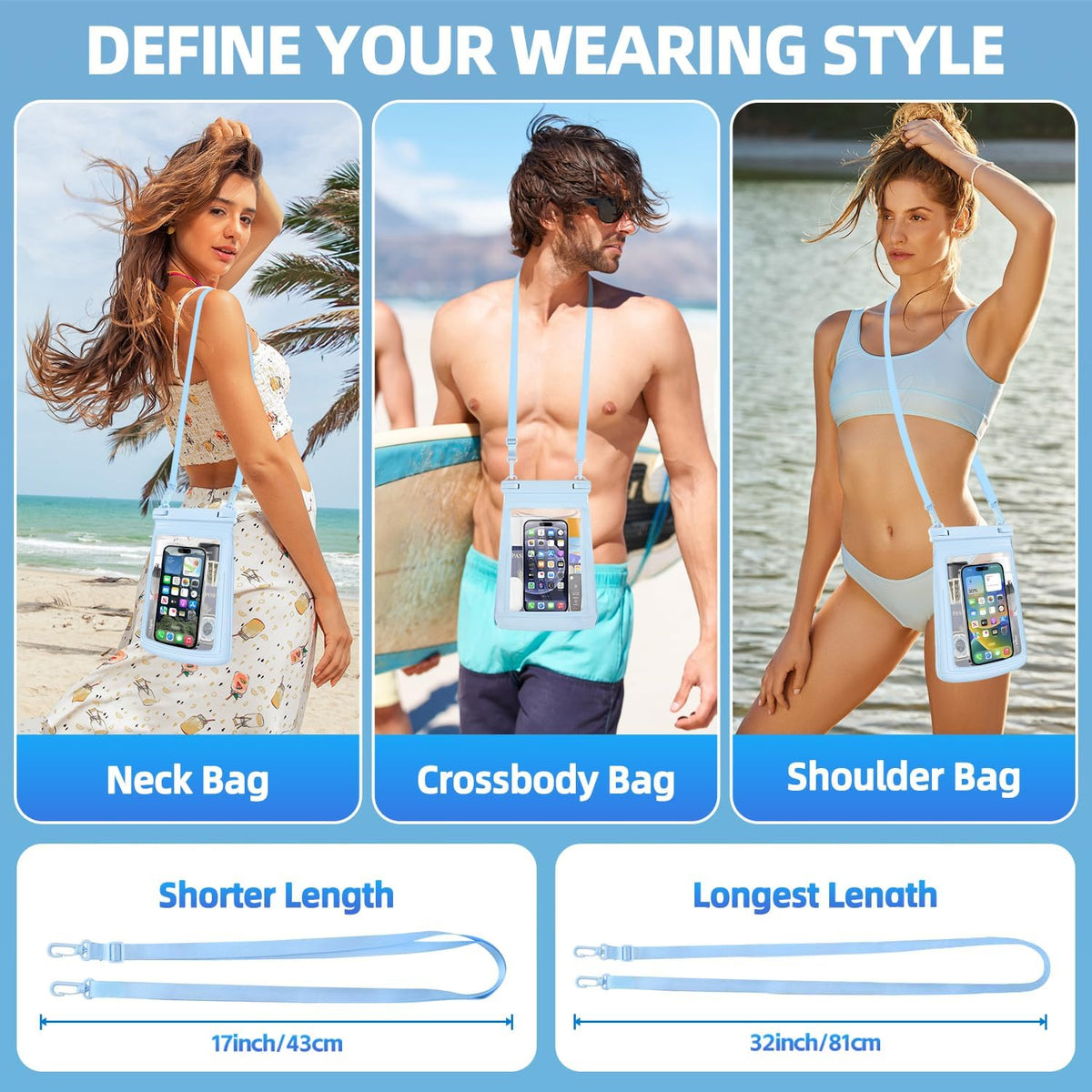 2L Floating Waterproof Phone Pouch for Up to 7.5", Large Space Adjustable Neck Lanyard Waterproof Bag. Dry Bag for Family Vacations, Beach, Pools, Kayaking, Cruises (Blue)