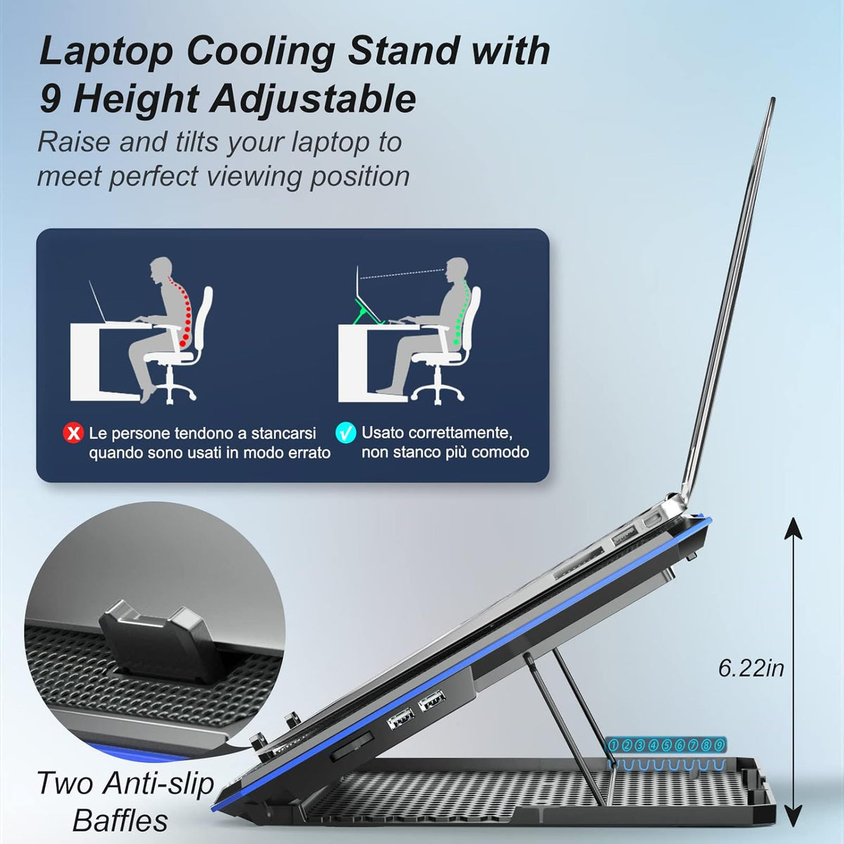 ICE COOREL Laptop Cooling Pad with 6 Cooling Fan, Laptop Cooler Fan with No Lights, Cooling pad for Laptop 15-17 Inches, Notebook Cooler Stand with 9 Height Adjustable, Cooler Pad for Lap or Desk Use