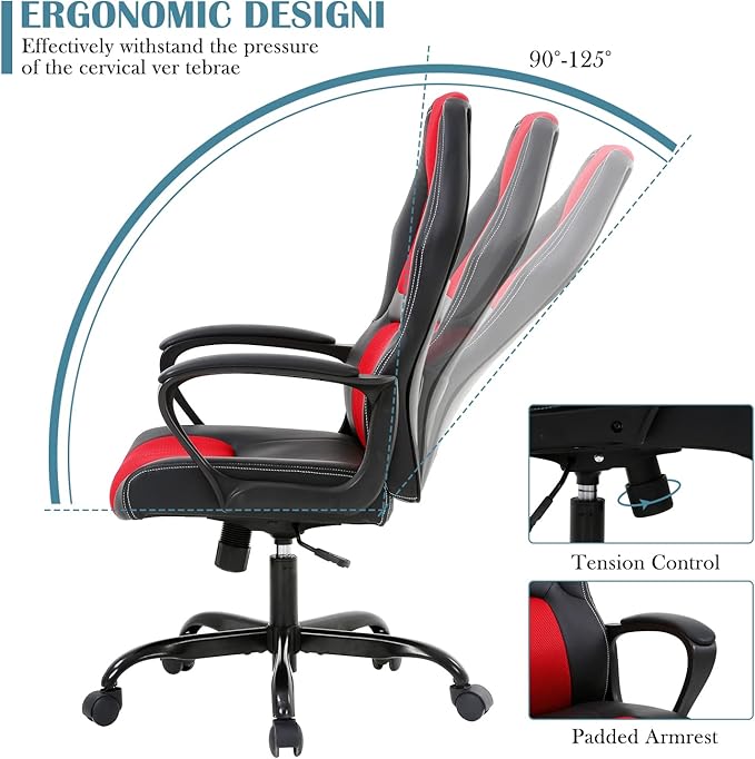 Gaming Chair Max 250LBS Office Chairs with Ergonomic Design Comfortable Office Chair PU Leather with Mesh Back Gaming Chairs with 360-Degree Swivel Gaming Chairs for Adults PC Chair RED