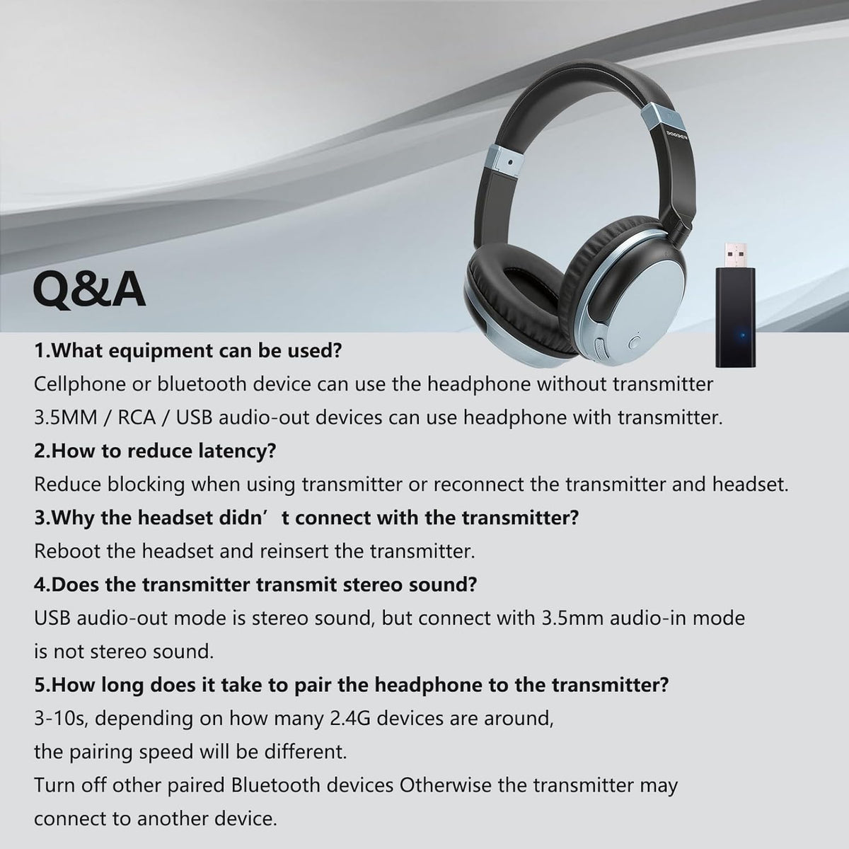 Wireless Bluetooth Headphone Over Ear, Bluetooth Transmitter for TV,PC,3.5mm Audio Device, Wired and Wireless Headset (Blue)