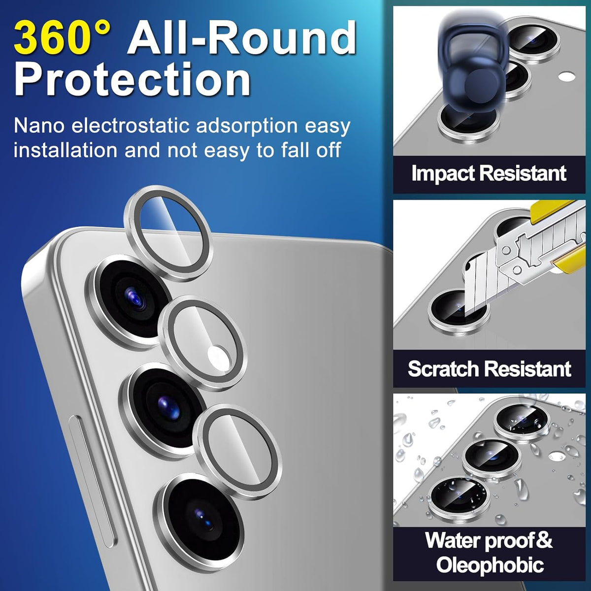 for Samsung Galaxy S25 Camera Lens Protector, Individual Metal Ring Tempered Glass Lens Cover, [Strong Adsorption] Scratch Resistant Ultra-Thin HD Clear Lens Cover, 1 Set-Silvery