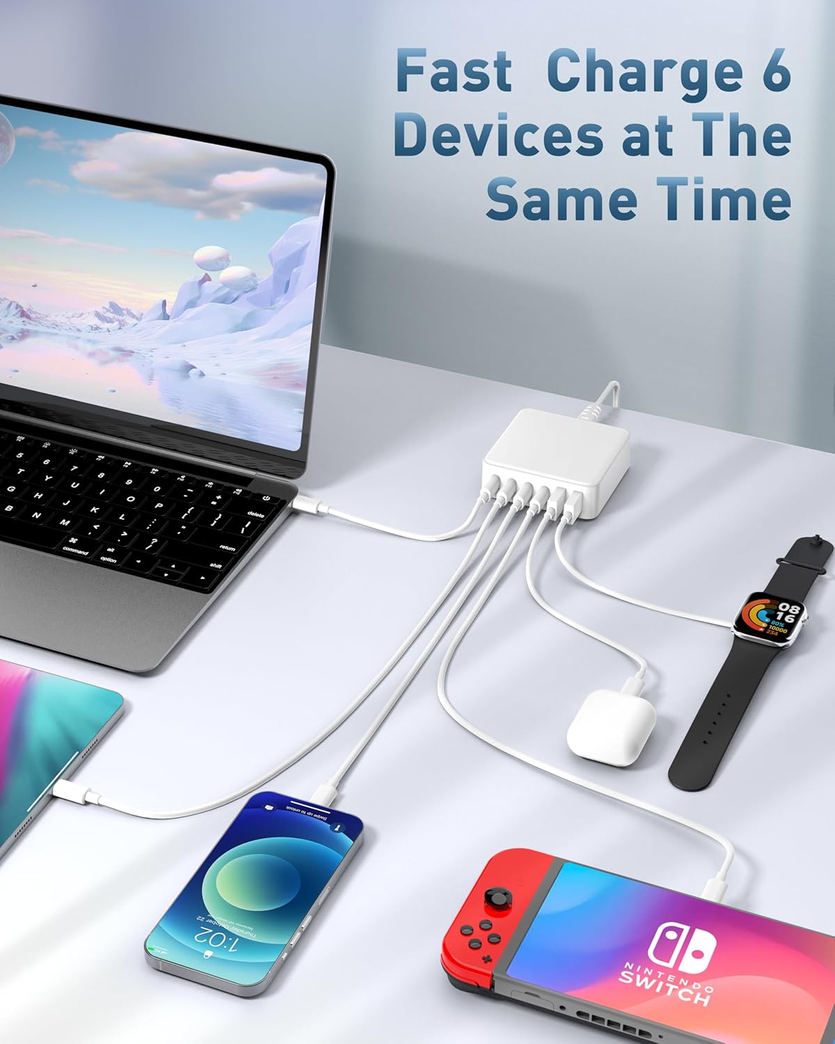 MSTJRY Charging Station for Multiple Devices : 130W 6 Port GaN Fast USB C Charger Station, Compact Multi Port PD 65W 45W Charger for MacBook Pro/Air/iPad iPhone 16 15/14/13/Pro Max/Galaxy