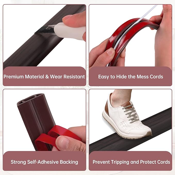 Floor Cord Cover Self Adhesive Cord Hider Floor Extension Cord Covers for Floor Power Cord Protector Cable Management Prevent Cable Trips Cable Cavity 0.59" W x 0.31" H (Dark Walnut, 10Ft)