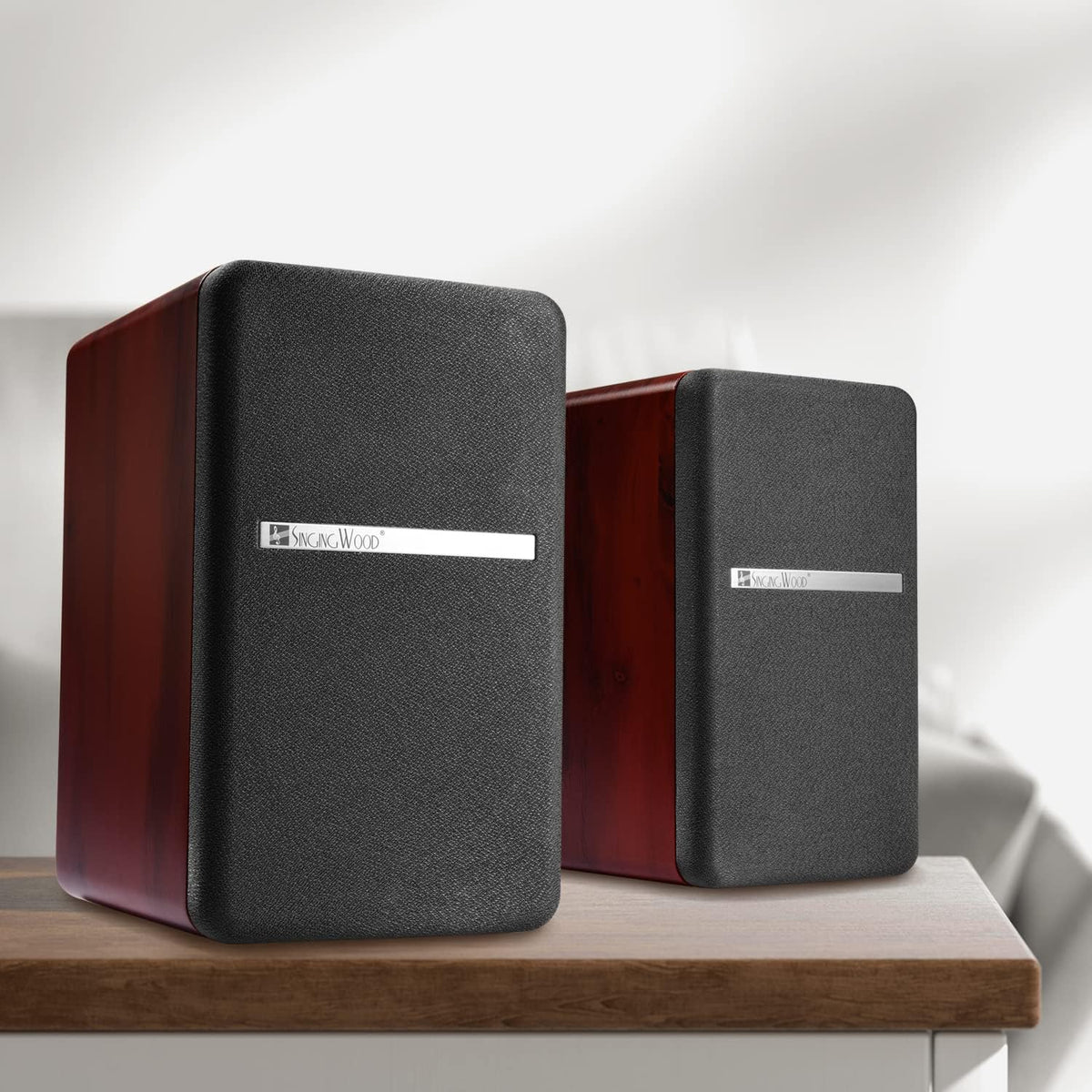 SINGING WOOD BT27 Active Powered Bluetooth Bookshelf Speakers for Studio Monitor TV Computer Turntable - 60 Watts - Wood Grain Finish (Walnut)