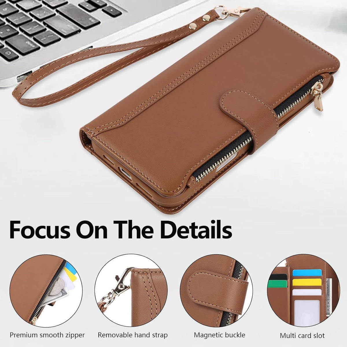 Compatible with iPhone 16 Wallet Phone Case-PU Leather Magnetic Flip Cover with Credit Card Slots,Zipper Pocket & Detachable Wrist Strap,Shockproof Design,for Women and Men-Brown
