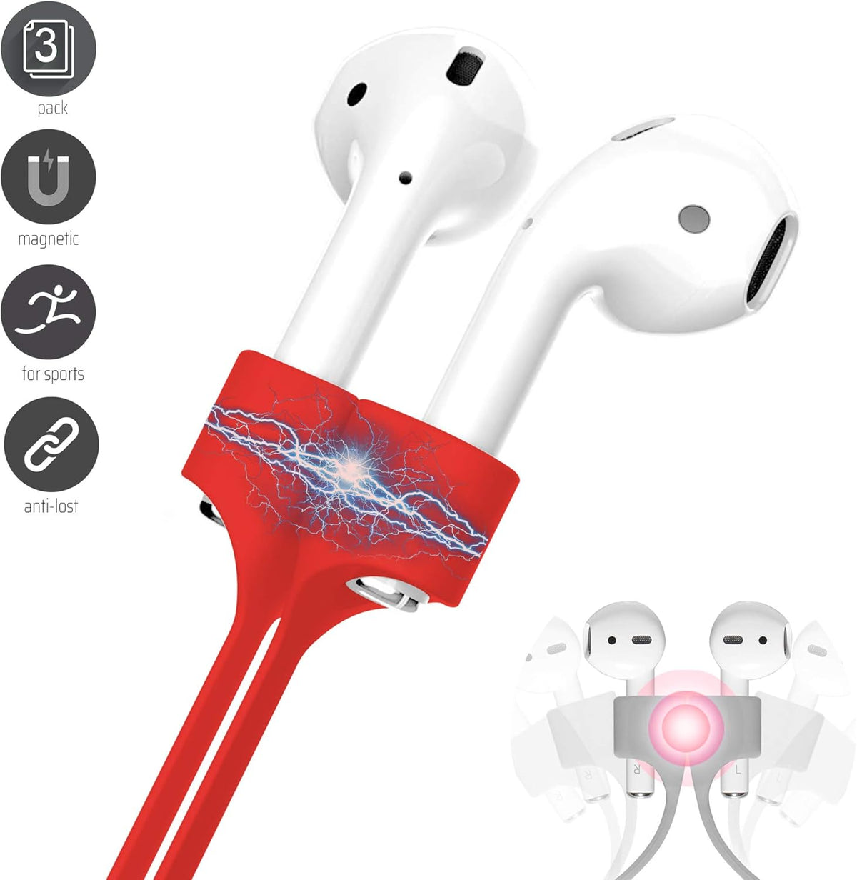 Ultra Strong Magnetic Airpod Pro Strap Anti-Lost Cord Sports Lanyard Compatible with Airpods 3rd 2nd Generation Pro 3 2 1 (3 Red)