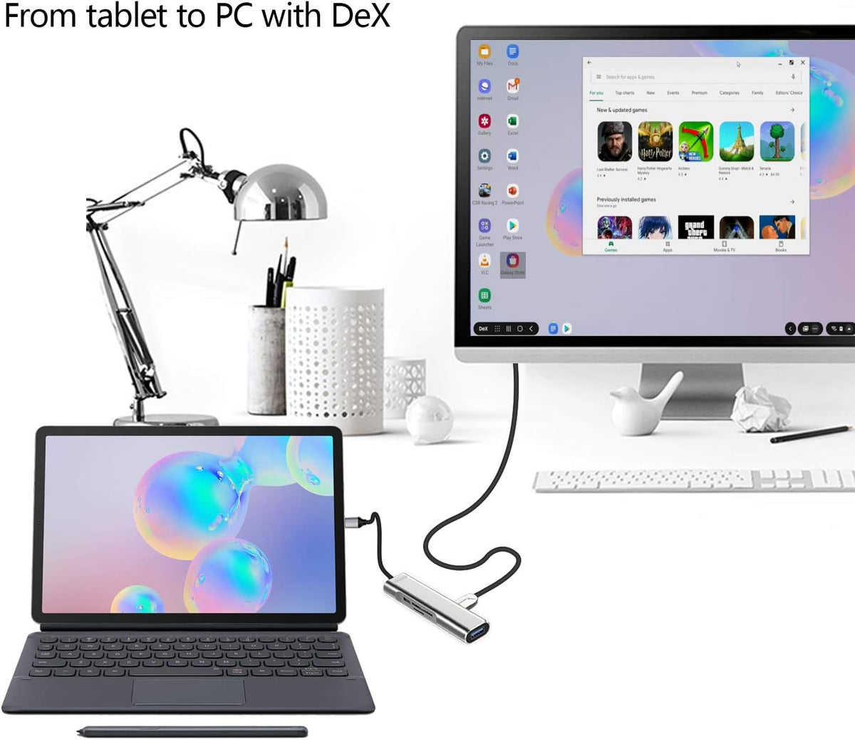 USB C to HDMI Adapter for Samsung DeX,DeX Station for Galaxy S25/S24/S23/S22/Note20/10/Tab S9/S8/S7,DeX hub with HDMI 4K,USB3.0,PD 60W,SD/TF Card Slot,Steam Deck,Nintendo Switch