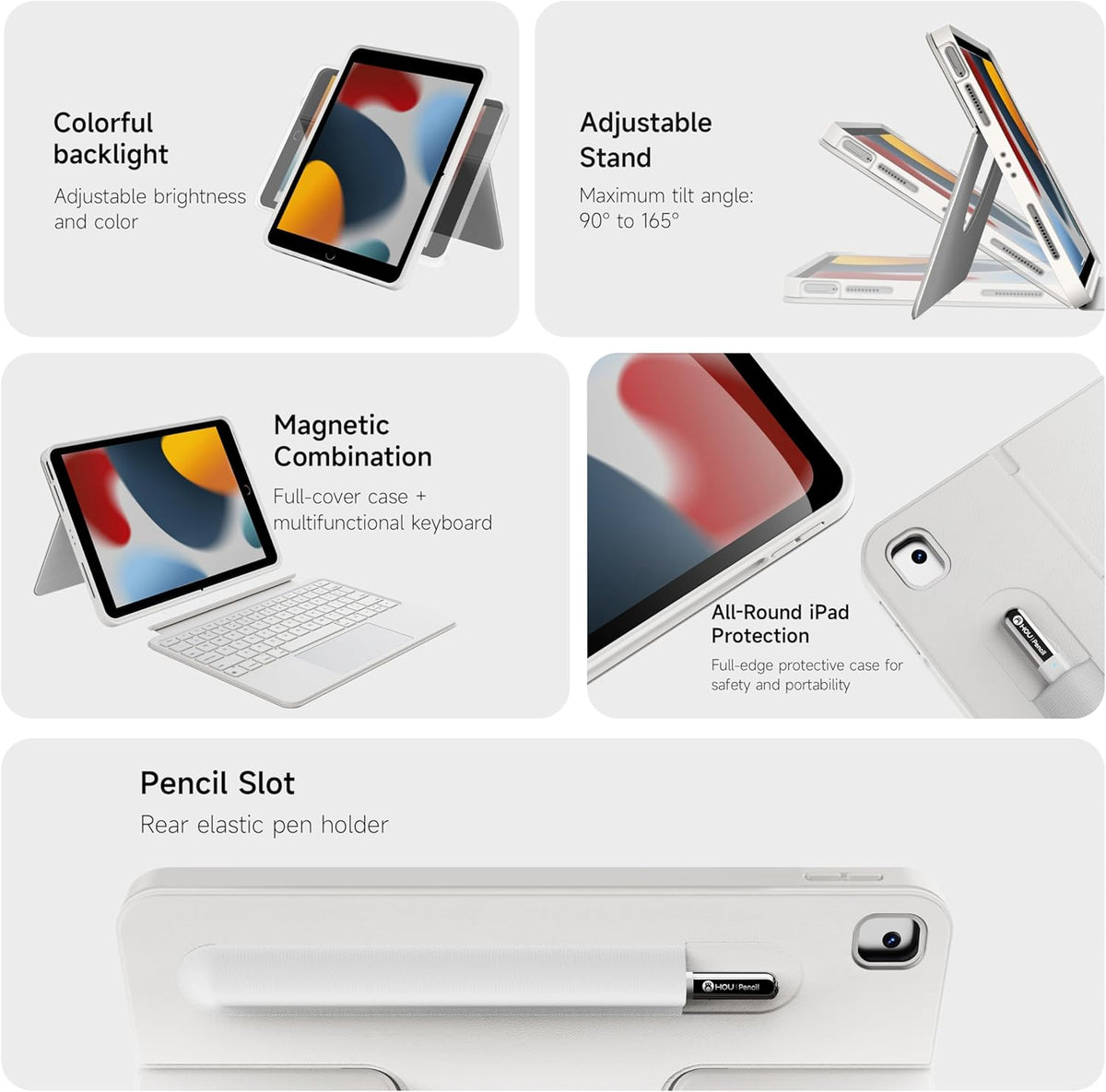 HOU Combo Keyboard Case for iPad 9th Generation (10.2", 2021)/8th Gen/7th Gen/iPad Air 3/Pro 10.5 2017 Multi-Touch Trackpad,7 Color Backlight,Rotatable & Detachable,Portrait/Landscape Modes,White