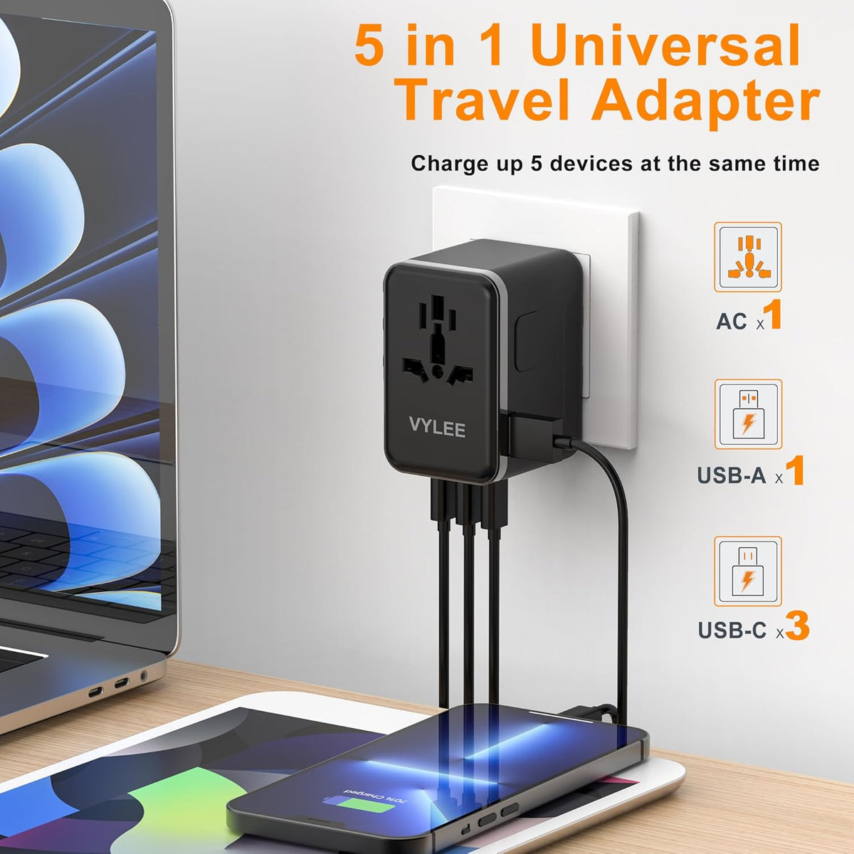 Universal Travel Adapter, VYLEE 45W International Plug Adapter with PD Fast Charging, 5-Port (1 AC/1 USB-A/3 USB-C), Wall Charger Worldwide Travel Essentials Plug for USA EU UK AUS Japan (Black)