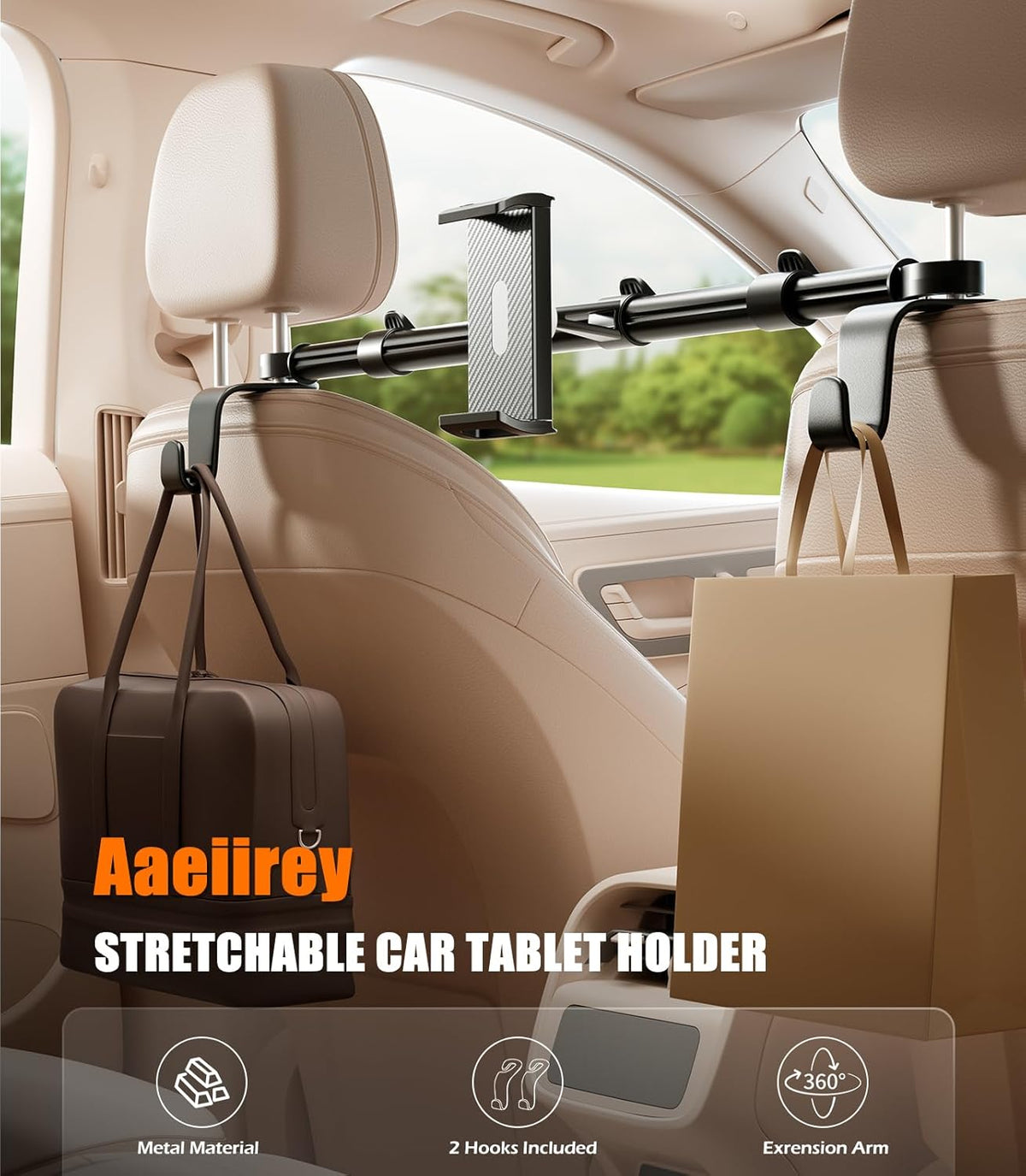 Aaeiirey Stability][360 4.516.5" Car Headrest Tablet Holder [Dual-Clamp Adjustable] Back Seat iPad Mount for Kids Road