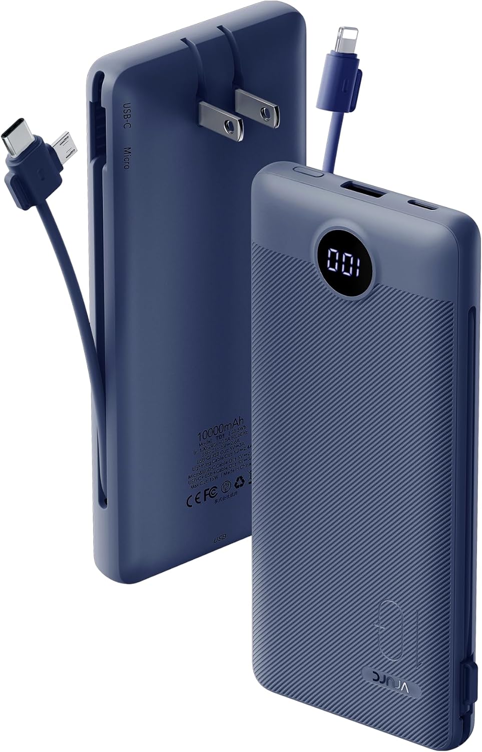 VRURC Portable Charger Built-in Cables and AC Wall Plug, USB C Power Bank 10000mAh, Travel Battery Portable Phone Charger Compact Lightweight External Battery Pack for Smart Phones, Tablets etc-Navy