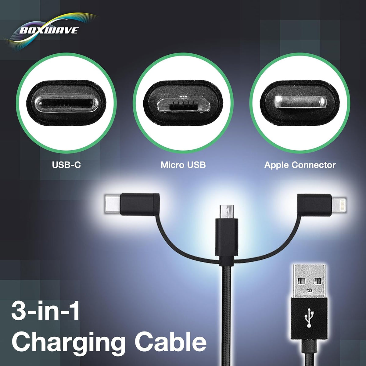 BoxWave MP3 (2.4 3-in-1 Cable Compatible with Safuciiv Player in) - AllCharge Cable - Jet Black