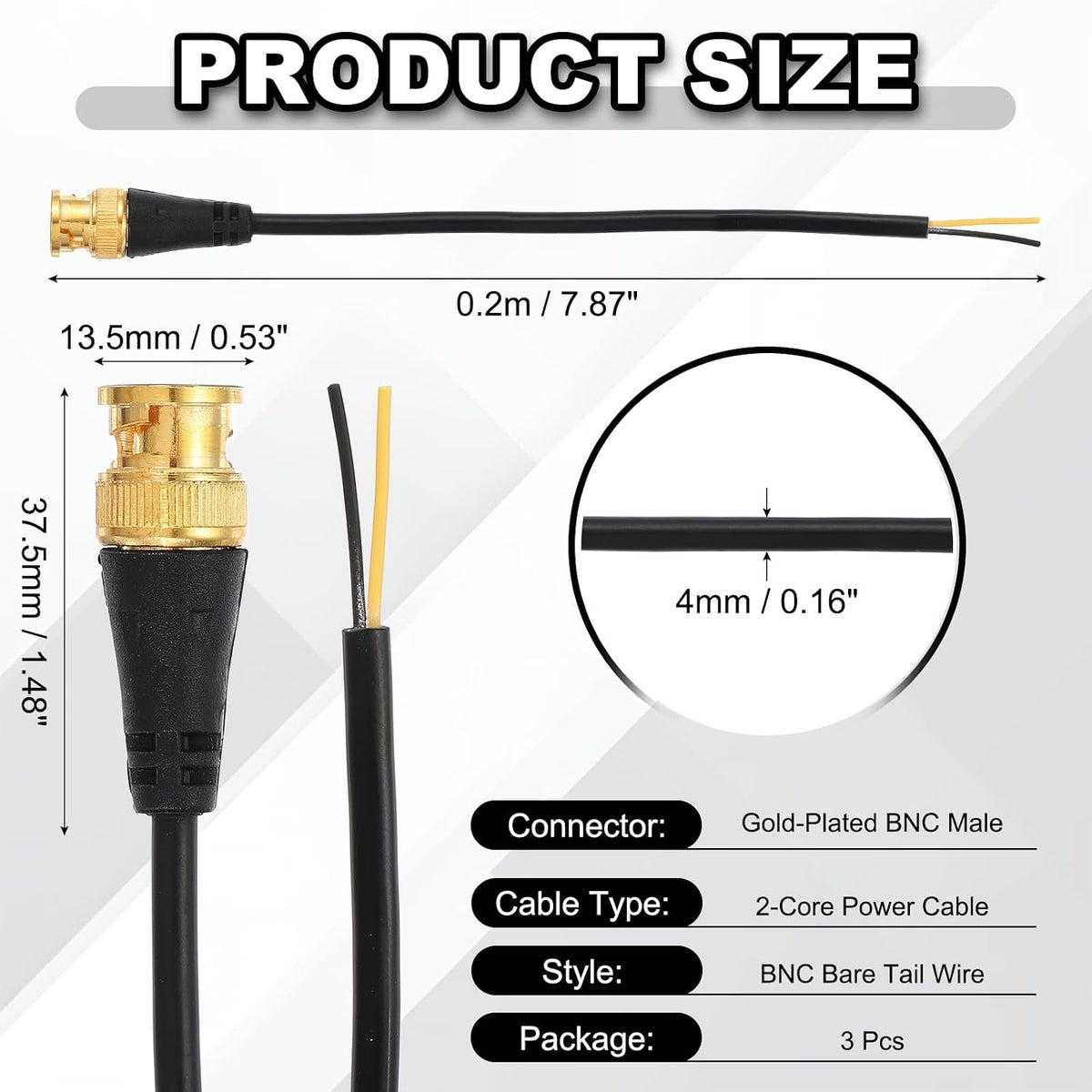 0.6FT 3pcs) MECCANIXITY BNC Pigtail Coaxial Extension Cable Male to Bare End for DVR CCTV Camera Security System