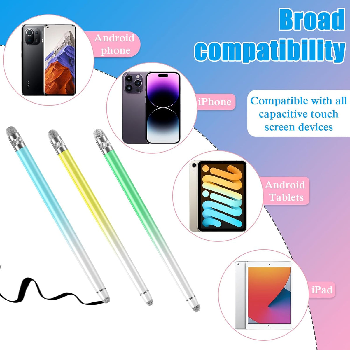 Bopomofo 3PCS Stylus Pen for Touchscreen,Stylus Pen for iPhone/iPad/Tablet Android/Microsoft/Surface, Compatible with All Touch Screens(Blue/Green/Yellow)