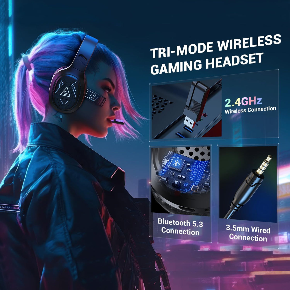 EKSA 2.4GHz Wireless Gaming Headset with Noise Canceling Microphone for PS5, PC, PS4 Bluetooth Gaming Headphones with USB & Type-C Connector, 52Hrs Battery PC Headset for Switch, Laptop, Mobile, Mac