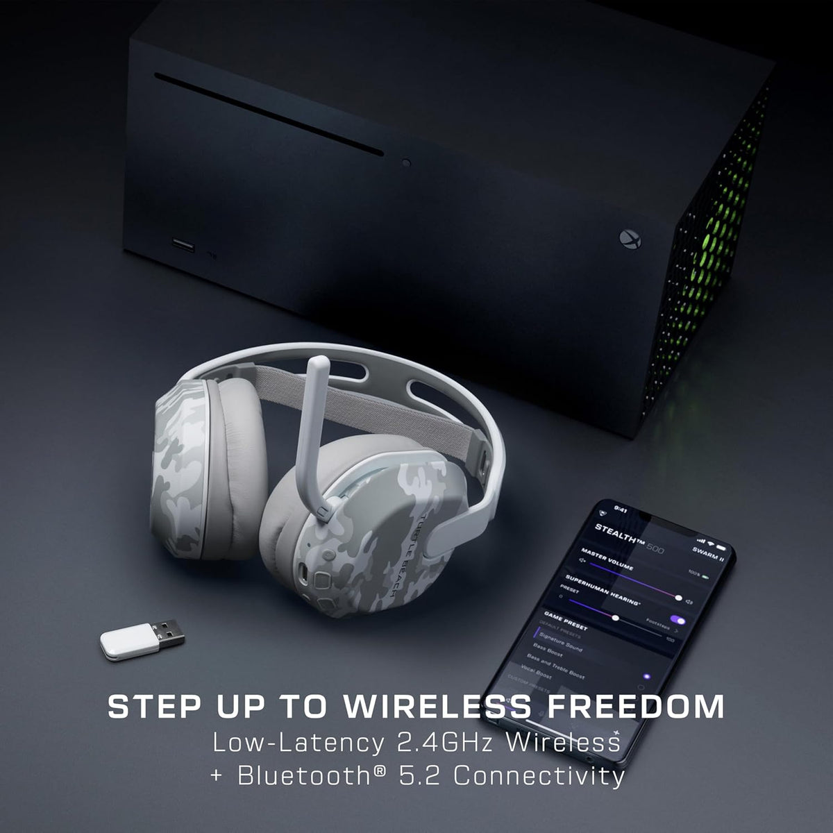 Turtle Beach Stealth 500 Wireless Gaming Headset Licensed for Xbox Series X|S, Compatible with Xbox One, Bluetooth, PC, Mobile, 40 Hr Battery, Memory Foam Cushions, Flip-to-Mute Mic – Arctic Camo