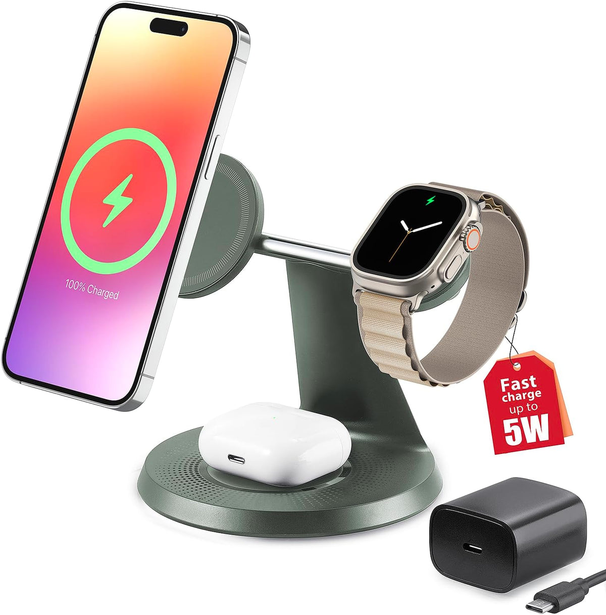 3 in 1 Wireless Charging Station for Apple Device: Fast Charging Station for iPhone and Watch with MagSafe, Stable Charger Stand for iPhone 12-16 & iWatch & AirPods