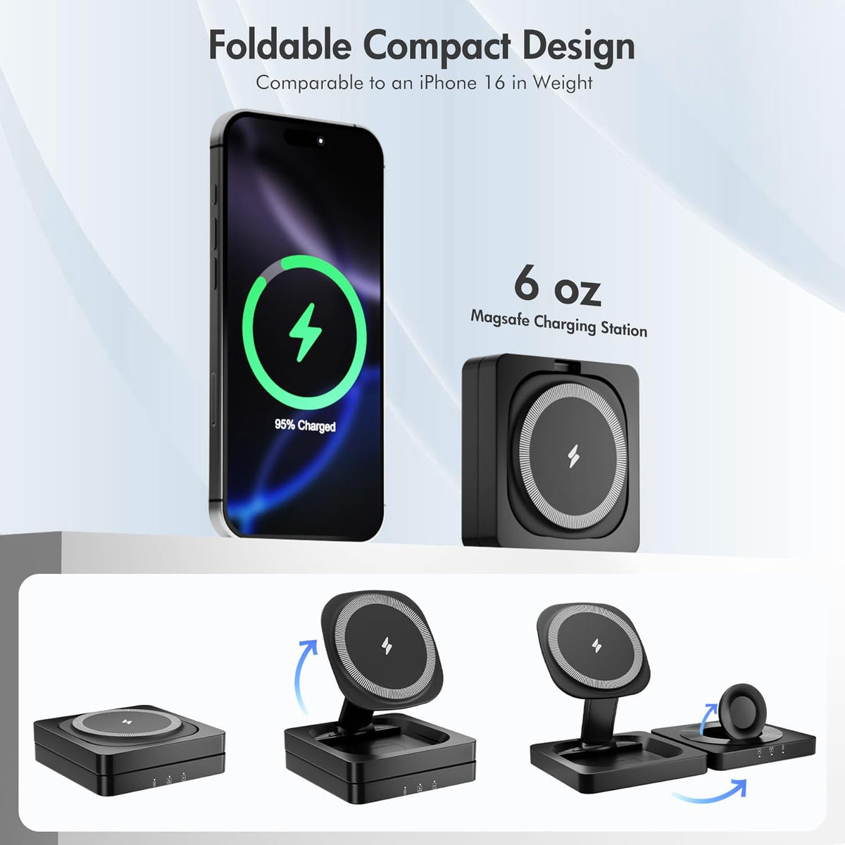 Magnetic Wireless Charger for iPhone: 3 in 1 for Travel 15W Fast Charging Pad Foldable for iPhone 16-12 Pro Max - for Apple Watch Ultra and AirPods Series Magnet Multiple Devices (Dark Black)