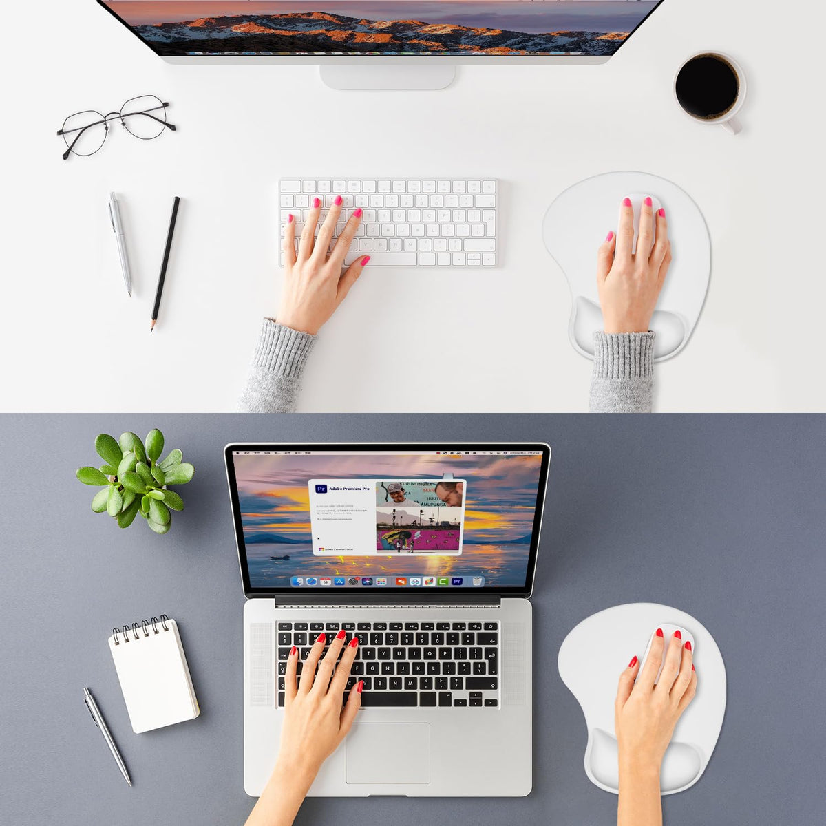 ITNRSIIET Ergonomic Mouse Pad, Cushioned Gel Wrist Rest, Non-Slip Base, Smooth Surface, Cute Multi-Color, 9.5 x 8.2 in, White