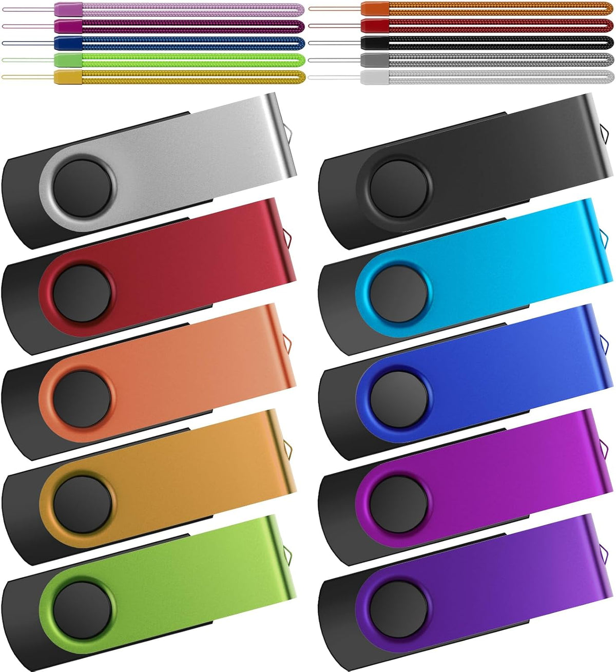 Kepmem USB Flash Drive 64GB 10 Pack USB 3.0 Thumb Drives Value 64 GB Memory Sticks Mixed Colors Pendrive Portable 64 Giga Jump Drive Bulk Swivel 10 Pieces Zip Drives for Data Storage and Backup