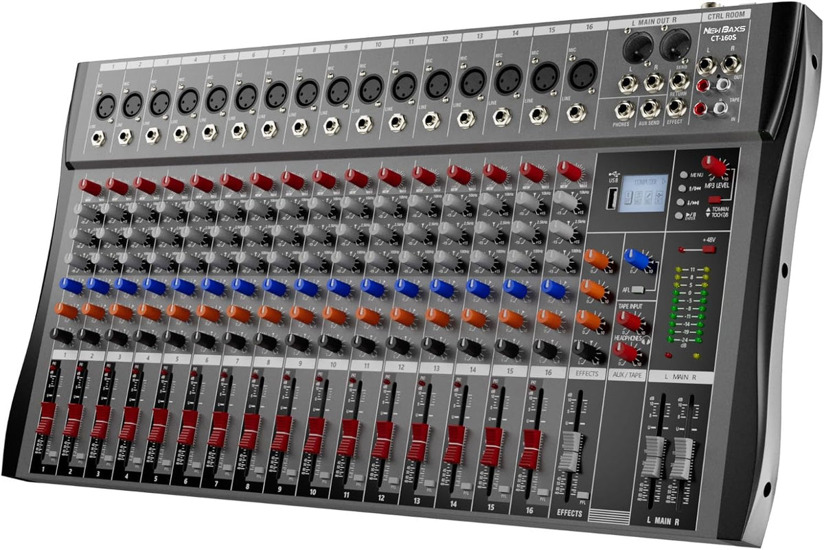 Professional DJ Audio Mixer,NEW BAXS 16 Channel DJ Bluetooth Controller Sound Mixer,USB Interface,16 XLR Mic/Line Input,AUX,FX Processor MP3 Player,+48V Phantom For Karaoke Studio Streaming Recording